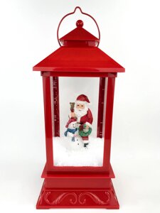 Новорічний декоративний ліхтар з підсвічуванням і ефектом снігу червоний