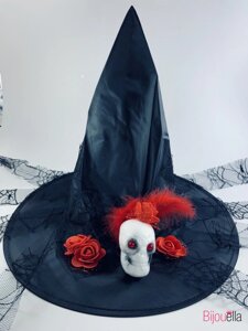 Чорний ковпак Відьми з черепом і трояндами капелюх для образу відьми на карнавал Хелловін
