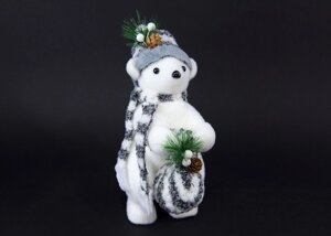 Новорічний декор білий ведмедик з мішком
