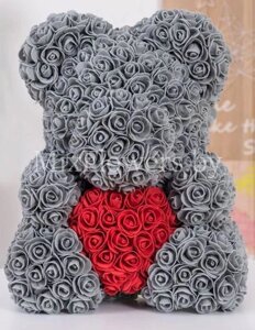 Подарунковий Ведмідь 3D із серцем із штучних троянд ведмедик «Teddy Bear» 40 см ведмедик із троянд Сірий