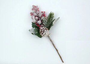 Декор новорічний гілочка з шишкою та вишеньками в снігу