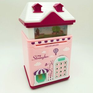 Скарбничка-сейф дитяча з кодовим замком і відбитком пальця UKC Будиночок рожевий