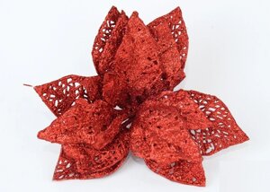 Декор новорічний квітка рождественник декоративний з глітером червоного кольору