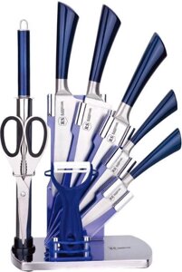 Стильний кухонний набір ножів на підставці Rainstahl RS / KN-8005-09 синя рукоятка