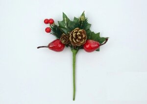 Декор новорічний гілочка з грушами, шишкою і вишеньками в золоті