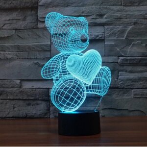 3D світильник Мишка із серцем настільний милий нічник 9 світлодіодів