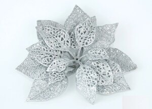 Декор новорічний квітка рождественник декоративний з глітером срібло