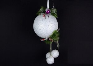 Новорічний декор білий сніжок з паєтками і прикрасою підвісний