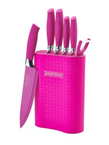 Яскравий набір ножів рожевий Royalty Line RL-6MSTR 6pcs якісний на підставці