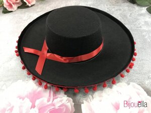 Капелюх Сомбреро з червоними бубонами маленька для мексиканської вечірки або костюмованого свята