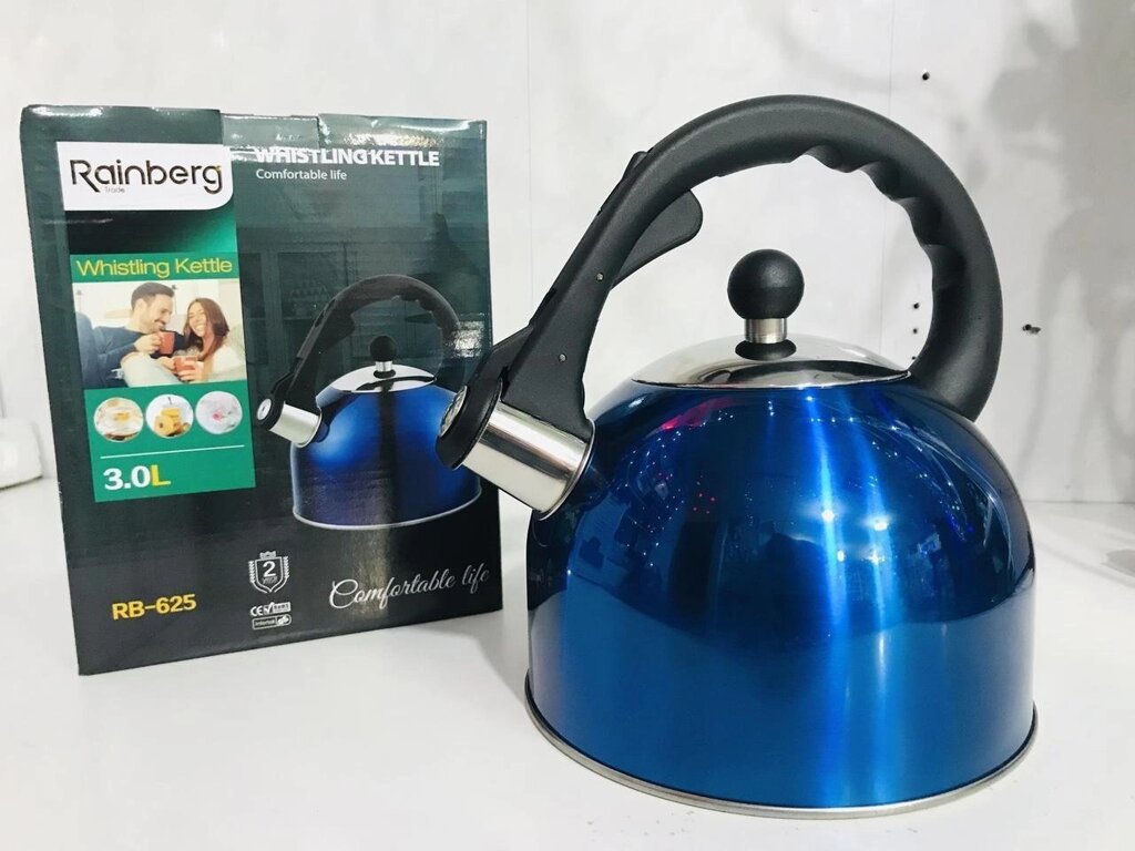 Синій чайник кухонний 3 л Rainberg RB-625 В зі свистком нержавіюча сталь від компанії Інтернет магазин "Megamaks" - фото 1