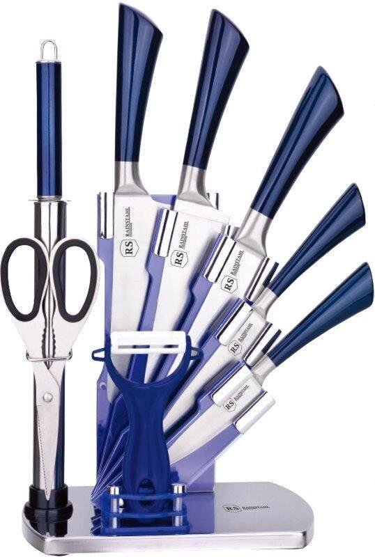 Стильний кухонний набір ножів на підставці Rainstahl RS / KN-8005-09 синя рукоятка від компанії Інтернет магазин "Megamaks" - фото 1