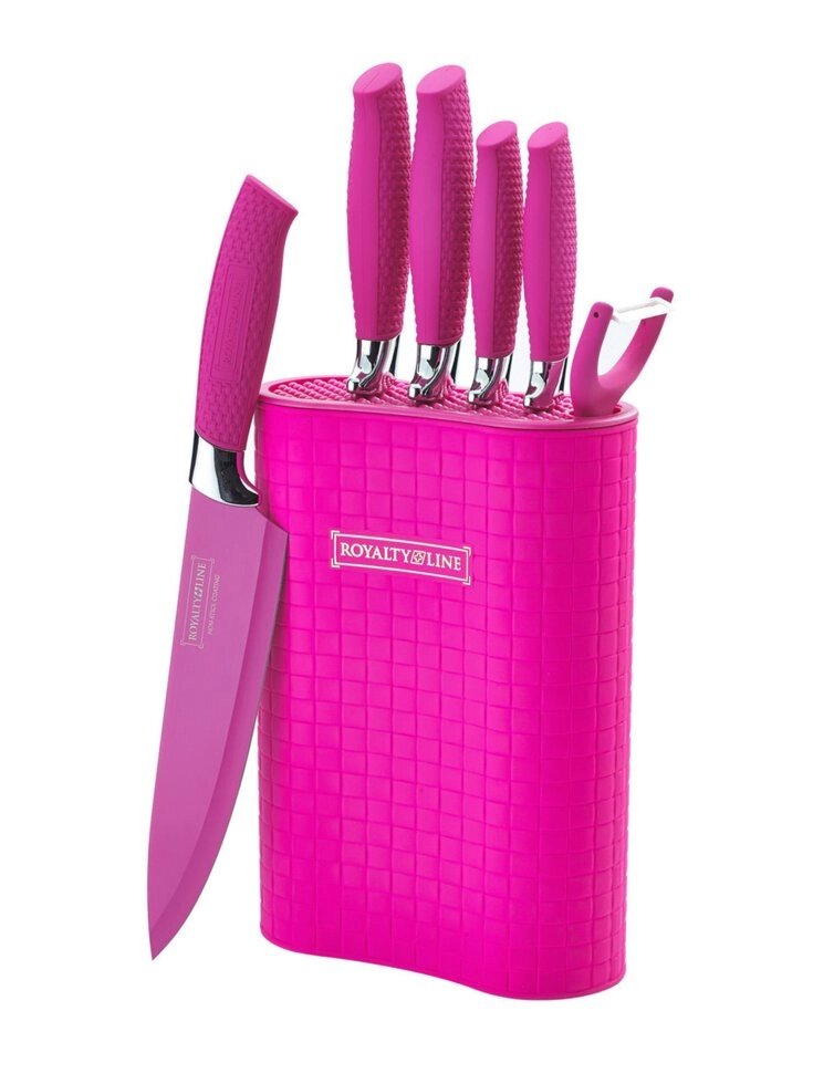 Яскравий набір ножів рожевий Royalty Line RL-6MSTR 6pcs якісний на підставці від компанії Інтернет магазин "Megamaks" - фото 1