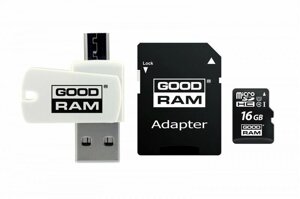 Карта памяти MicroSDHC 16GB UHS-I Class 10 Goodram + SD-adapter + OTG Card reader (M1A4-0160R12)