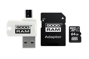 Карта памяти microsdxc 64GB UHS-I class 10 goodram + SD-adapter + OTG card reader (M1a4-0640R12)