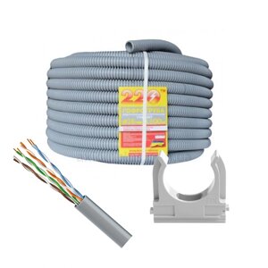 Комплект Кабель кручена пара ЗЗЦМ UTP кат. 5e 305 м/Гофротруба 220 TM Standart D 32 мм 25 м/Кліпса для гофри 32 мм 50 шт