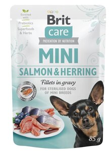 Консерви Brit Care Dog Mini Fillets In Gravy для стерилізованих собак малих порід з лососем та оселедцем 85 г