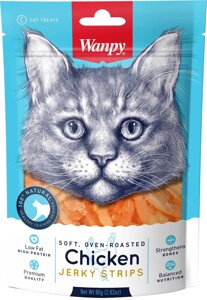 Ласощі для кішок Wanpy soft chicken jerky strips в'ялені смужки з курячого філе 80 г (6927749811299)