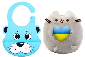 М'яка іграшка Pusheen cat S&T із серцем та Силіконовий слинявчик 3Д Собака Блакитна (vol-10575)