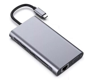 Перехідник Lucom USB Type-C-HDMI +VGA + Type-C PowerDelivery 87W 4xUSB +RJ45 +Cardreader Срібний (62.09.8375)