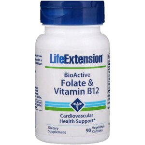 Фолат і B12, BioActive Folate & Vitamin B12, Life Extension, 90 Вегетаріанських Капсул