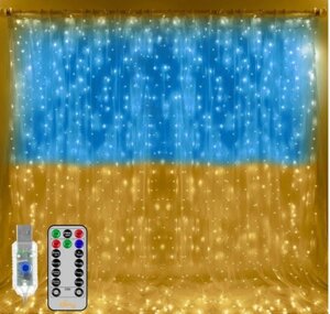 Гірлянда штора з пультом No Brand SFK-09 прапор України USB 2х2 м Блакитно-жовтий (2400130212)