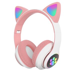 Повнорозмірні навушники бездротові Cat Headset M23 Bluetooth з RGB підсвічуванням і котячими вушками Pink