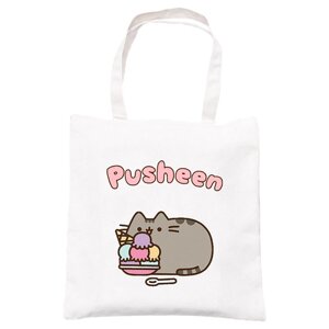 Сумка еко-шоппер 2Life Pusheen cat Кіт з морозивом 35х38 см на блискавці Білий (v-12143)