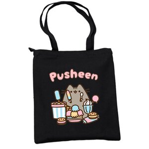 Сумка еко-шоппер 2Life Pusheen cat Кіт із солодощами 35х38 см на блискавці Чорний (v-12144)