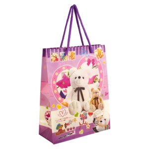 Сумочка подарункова пластикова з ручками Gift bag Ведмедики 23х18х7.5 см Бузковий (27321)