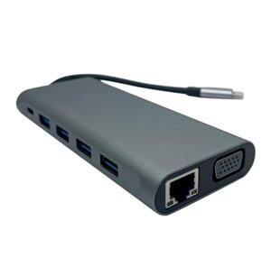 USB-хаб XON smarthub 12 в 1 ethernet VGA HDMI 3.5 audio SD/TF 2xtype-C 4xusb3.0 сірий (UHCHP126300G 6198)