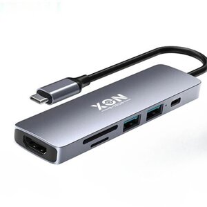 USB-хаб XON smarthub 6 в 1 HDMI SD/TF type-C USB3.0 USB2.0 сірий (UHCHP062312G 5160)