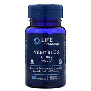 Вітамін D3, Life Extension, Vitamin D3, 175 мкг (7000 МЕ), 60 гелевих капсул