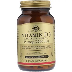 Вітамін D3, Vitamin D3 , 55 mcg (2200 IU), Solgar, 100 вегетаріанські капсули