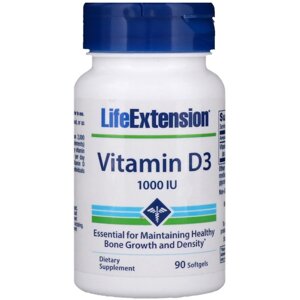 Вітамін D3, Vitamin D3, Life Extension, 25 мкг (1000 МЕ), 90 гелевих капсул