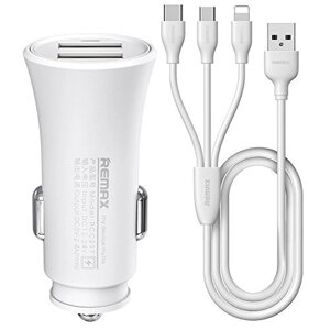 Зарядний пристрій від прикурювача REMAX RCC-217 Rocket 5V/2.4A 2USB-A Lightning/USB-C/Micro-USB Білий