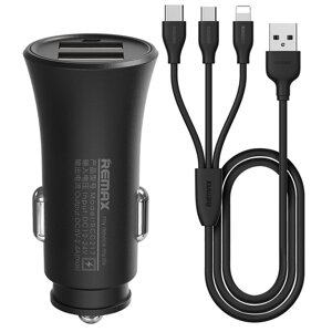 Зарядний пристрій від прикурювача REMAX RCC-217 Rocket 5V/2.4A 2USB-A Lightning/USB-C/Micro-USB Чорний