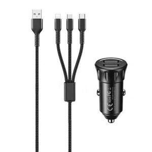 Зарядний пристрій від прикурювача Remax RCC236 Vanguard Series 2.4A/2USB 3-in-1 ightning/USB-C/Micro-USB Чорний