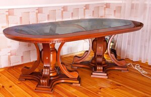 Великий обідній дерев'яний стіл зі скляною стільницею Гранд РКБ-Меблі, колір на вибір