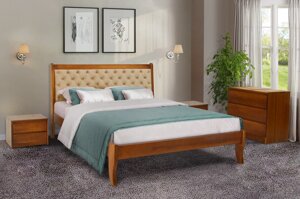 Двоспальне ліжко дерев'яне з м'яким узголів'ям Монтана 160 Мікс меблі , колір горіх / темний горіх / білий