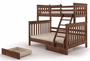 Двоярусна сімейне ліжко з ящиками з масиву сосни Скандинавія Мікс меблі, колір темний горіх