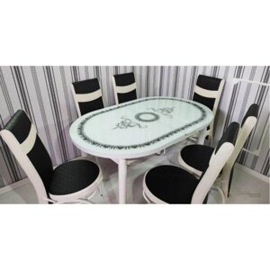Комплект обідній Палермо (стіл розкладний+6стульев) скло+МДФ метал білий+чорний/МДФ овал , Ясний