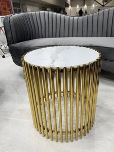 Журнальний круглий стіл, стільниця загартоване  скло з мармуровим ефектом CJ-1 Vetro, колір білий мармур + хром золото