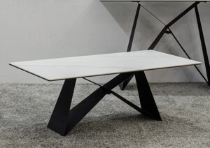 Журнальний стіл з керамічною стільницею на металічних чорних ніжках "Бруно" Vetro, колір білий мармур
