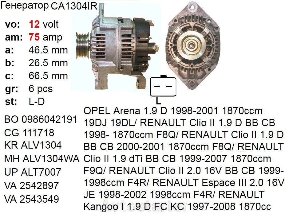 Генератор OPEL Arena Clio Espace Kangoo Megane Scenic Thalia Trafic 1.9D 2.0 від компанії Avtostarter - фото 1