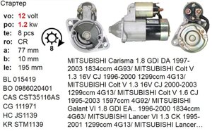 Стартер MITSUBISHI Carisma 1.8, Colt, Lancer, Montero, Pajero, Space Star, VOLVO S40, V40