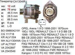 Генератор OPEL Arena Clio Espace Kangoo Megane Scenic Thalia Trafic 1.9D 2.0