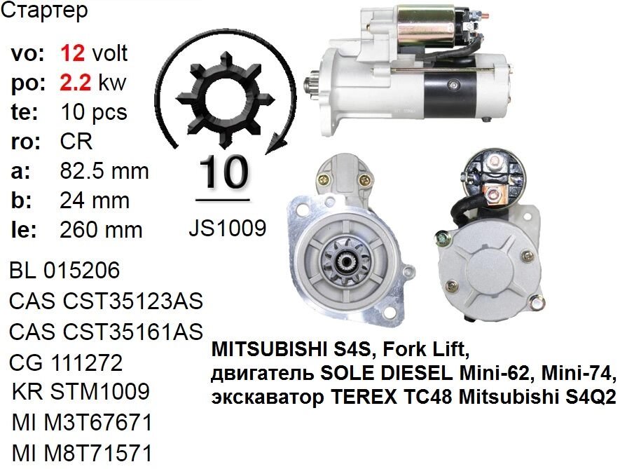 Стартер б / у MITSUBISHI S4S, Fork Lift, двигун SOLE DIESEL Mini-62, Mini-74, екскаватор TEREX TC48 Mitsubishi S4Q2 від компанії Avtostarter - фото 1