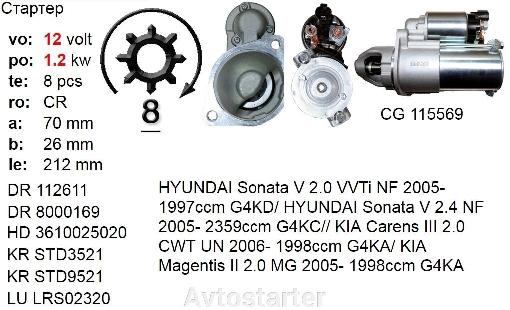 Стартер HYUNDAI Embera Sonata KIA Carens Magentis 2.0 2.4 VVTi NF CWT MG від компанії Avtostarter - фото 1