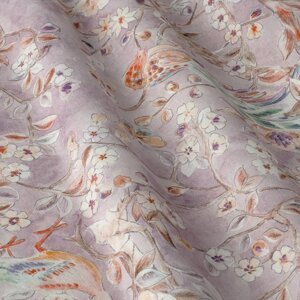 Декоративні тканини бежевий квітковий візерунок з птахами на фоні бузкового 280см 84660v3